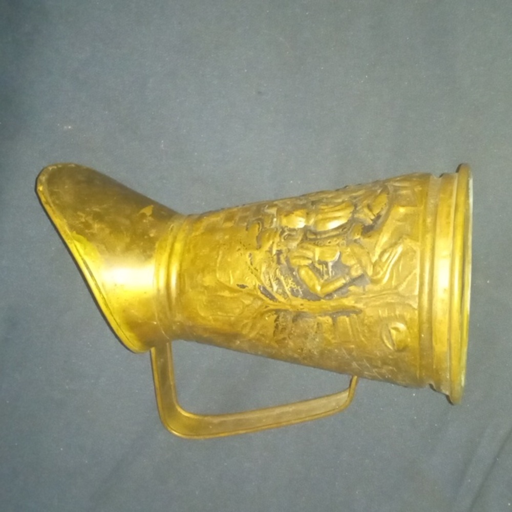 Brass Embossed Ale Pitcher Pub Scene Repousse Made In England Textured Vintage